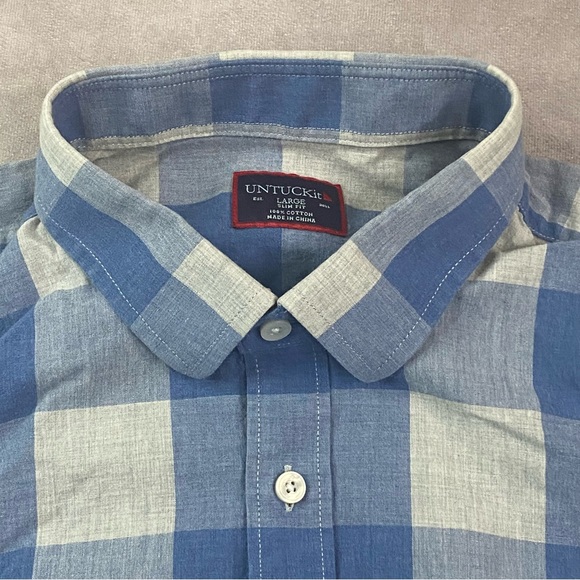 UNTUCKit Slim Fit Gingham Plaid Blue Long Sleeve Button Up Shirt Size Large - Picture 2 of 11